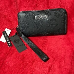 Ed Hardy Black Embossed Skull Wristlet Wallet with Silver Plaque